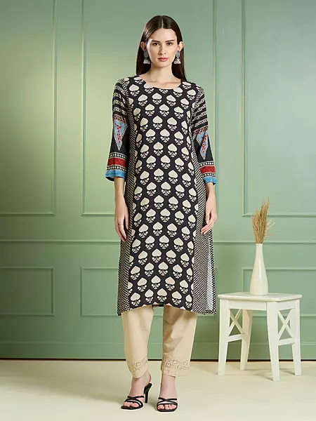 Ethnic Printed Straight Fit Kurta - Black