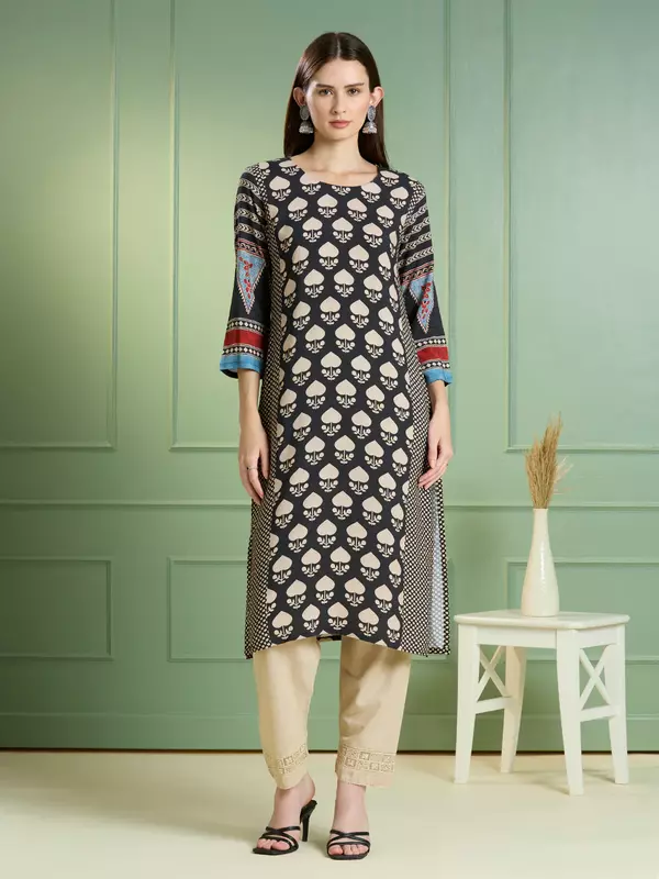 Ethnic Printed Straight Fit Kurta - Black