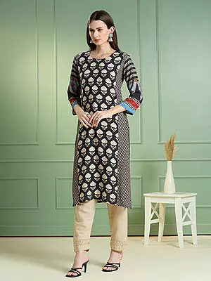 Ethnic Printed Straight Fit Kurta - Black