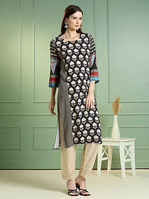 Ethnic Printed Straight Fit Kurta - Black