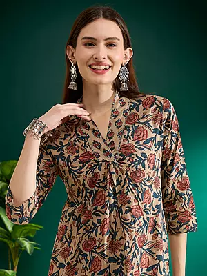 Ethnic Floral Printed A-Line Pleated Co-ord Set - Beige