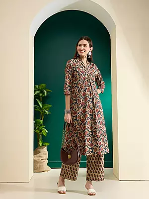 Ethnic Floral Printed A-Line Pleated Co-ord Set - Beige