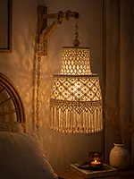 Natural Ivory Macrame Pendant Lamp Shade with Diamond Knotwork & Fringe