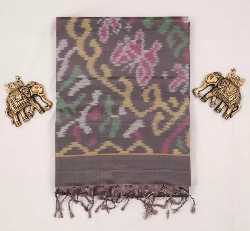 Charcoal Grey Ikat Silk Saree with Multicolor Border & Ikat blouse & Handwoven Pallu