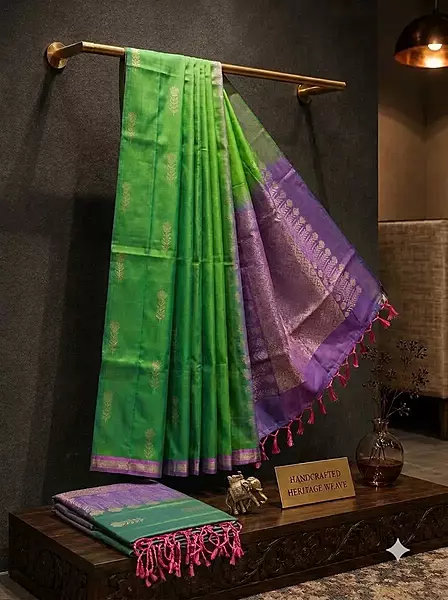 Purple and green mixed soft silk saree with zari motifs