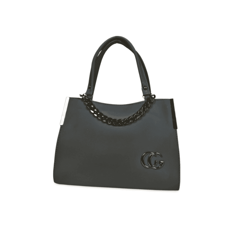 Charcoal Grey Structured Handbag with Metal Chain Detail