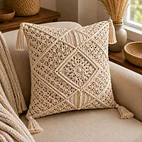 Natural Macrame Diamond Cushion Cover with Corner Tassels & Beads