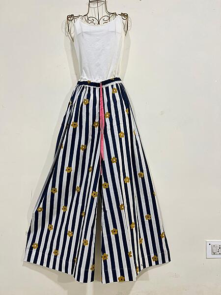 Anya's Flared Lounge pants - Blue & White Stripes with Flowers