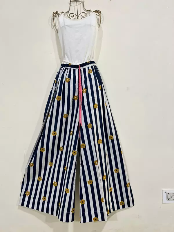 Anya's Flared Lounge pants - Blue & White Stripes with Flowers