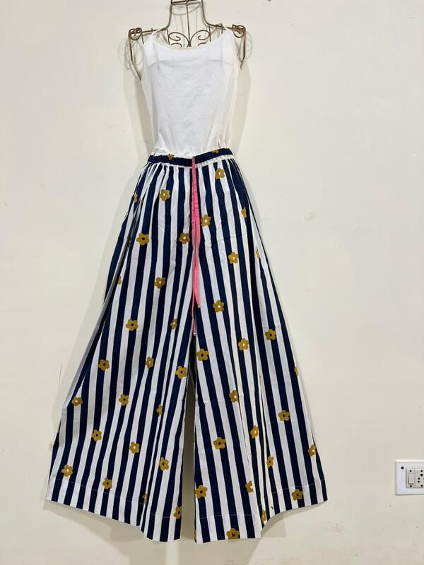 Anya's Flared Lounge pants - Blue & White Stripes with Flowers