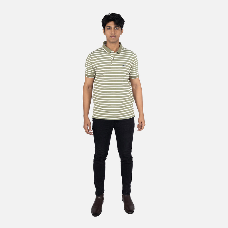 Men Classic Ecru Green Stripe Polo Neck T-shirt