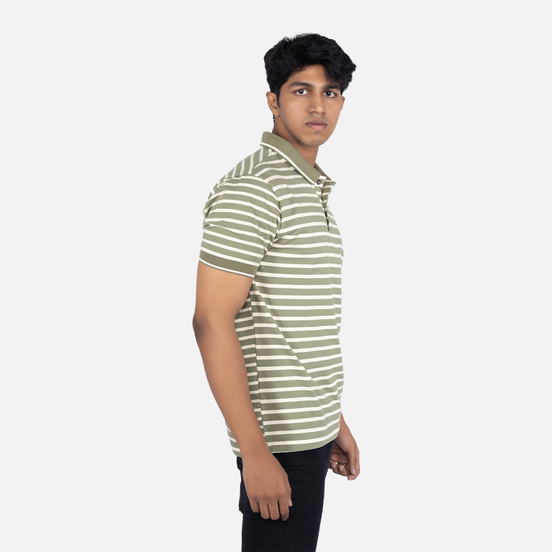 Men Classic Ecru Green Stripe Polo Neck T-shirt