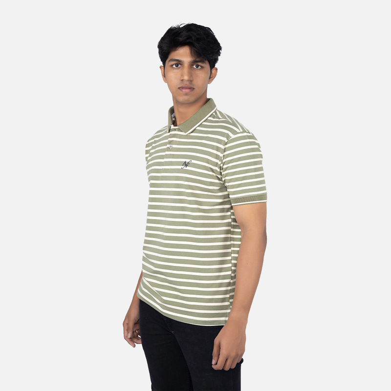 Men Classic Ecru Green Stripe Polo Neck T-shirt
