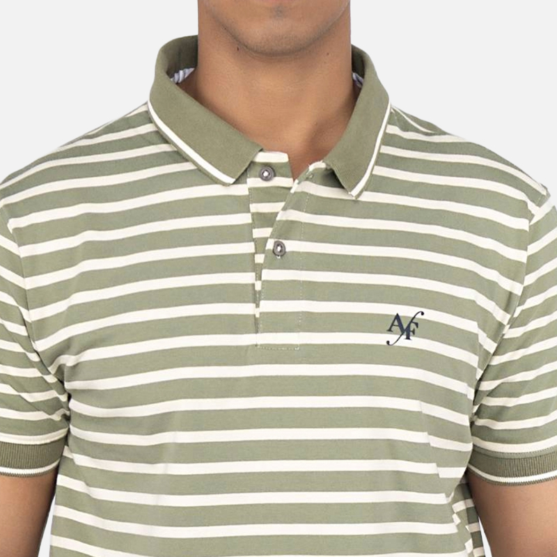 Men Classic Ecru Green Stripe Polo Neck T-shirt