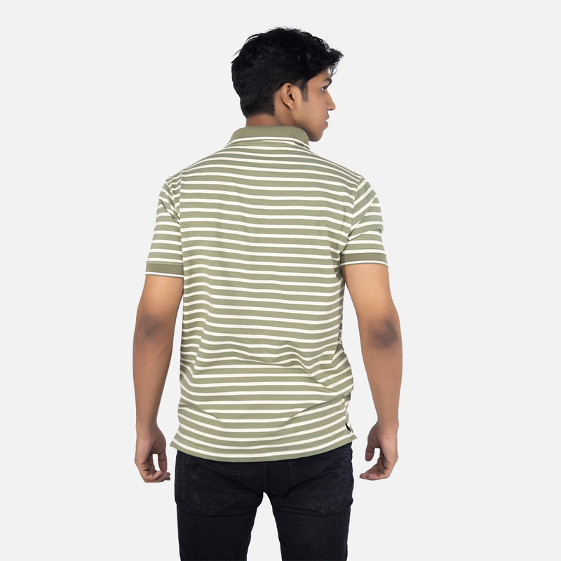 Men Classic Ecru Green Stripe Polo Neck T-shirt