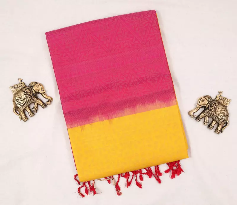 Mustard Yellow Silk Saree with Pink Ikat Pallu & Woven Border | Handloom Saree