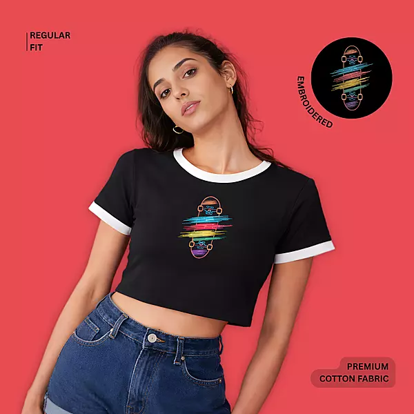 Women's Neon Skateboard Embroidered Crop Top