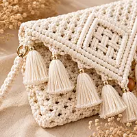 Natural Ivory Macrame Clutch Bag with Gold-Capped Tassel Fringe