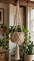 Natural Beige Macrame Plant Hanger with Wooden Beads & Tassel