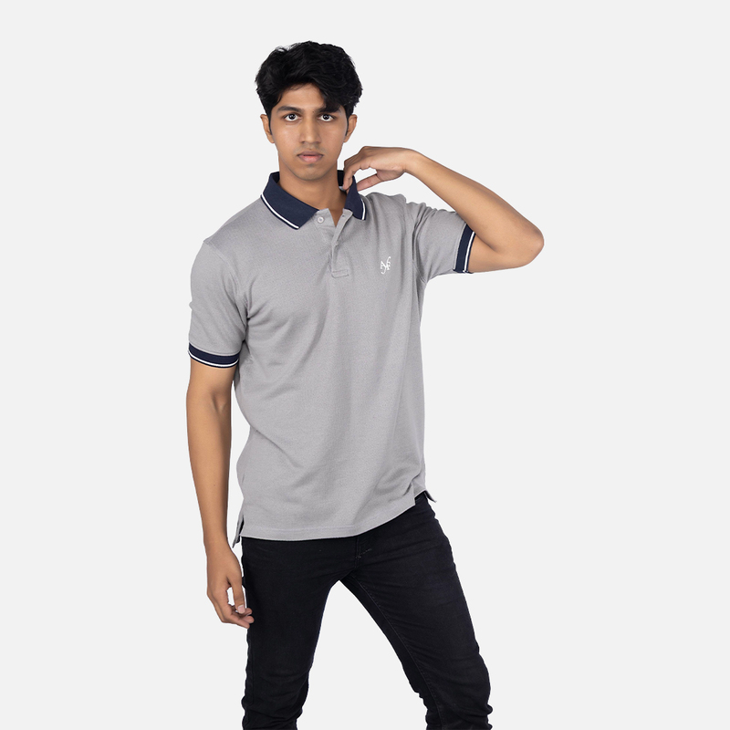 Men Dove Grey Solid Polo Neck T-shirt