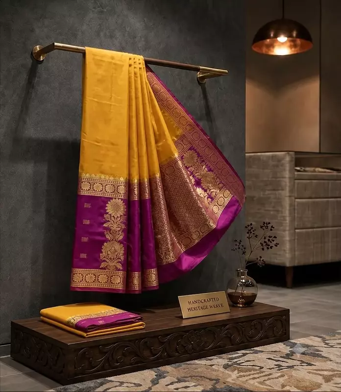 Yellow mysore silk saree with rich gold zari border and Magenta pallu.