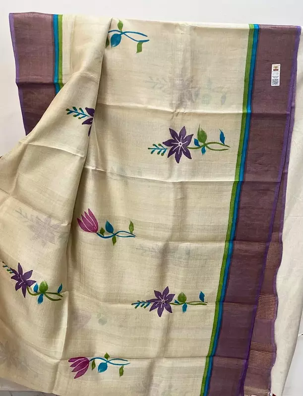 Tussar Silk Saree with Purple Border & Floral Design | Elegant Handloom Saree