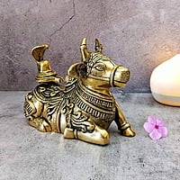 Brass Nandi with Shivling - 5.5 inch Height | Sacred Brass Nandi with Shivling Sculpture for Worship