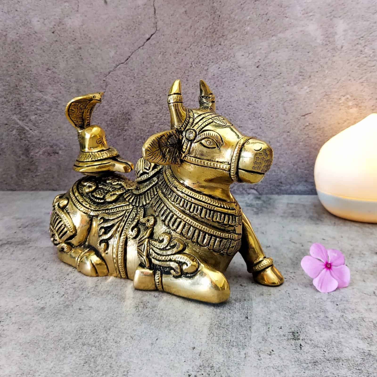 Brass Nandi with Shivling - 5.5 inch Height | Sacred Brass Nandi with Shivling Sculpture for Worship