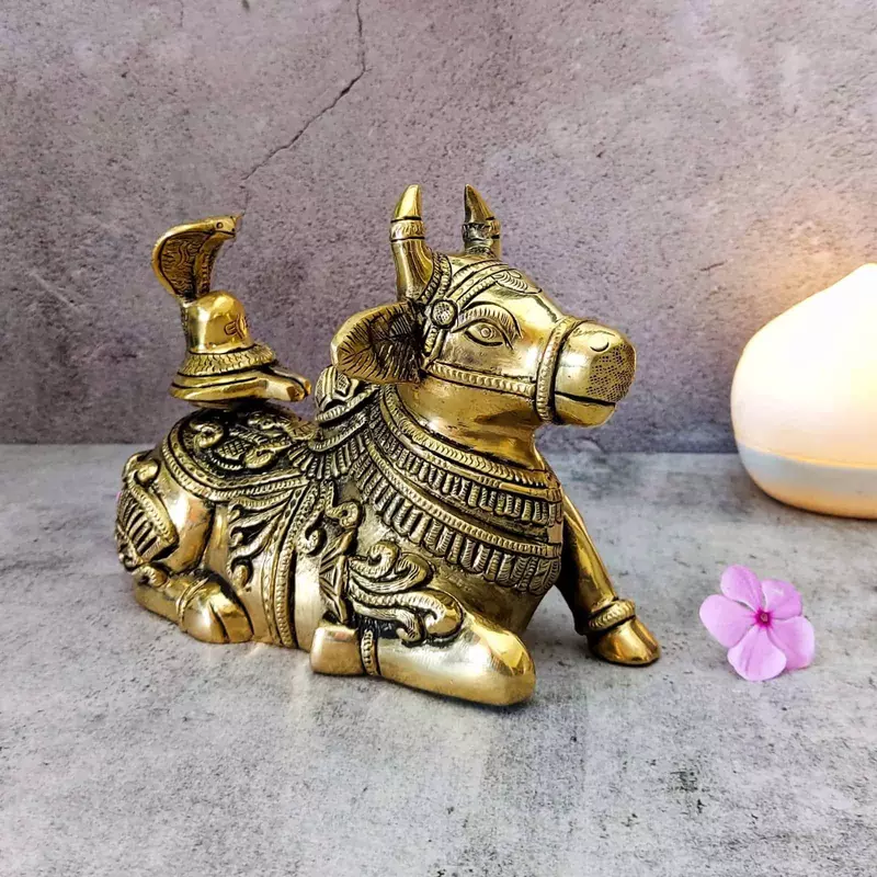 Brass Nandi with Shivling - 5.5 inch Height | Sacred Brass Nandi with Shivling Sculpture for Worship