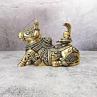 Brass Nandi with Shivling - 5.5 inch Height | Sacred Brass Nandi with Shivling Sculpture for Worship