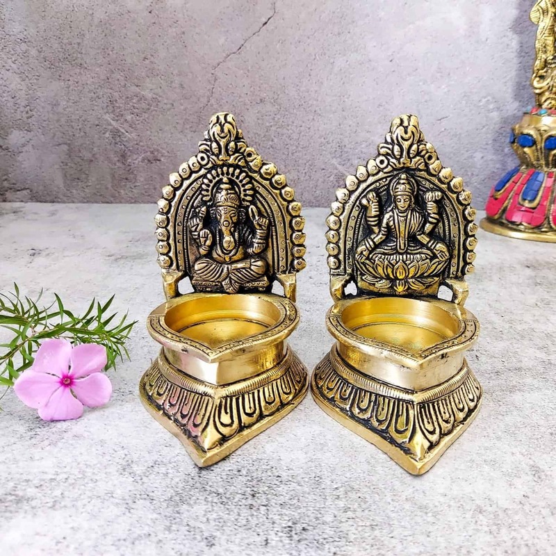 Brass Lakshmi Ganesha Diya Pair - 4.5 inch Height | Auspicious Blessings
