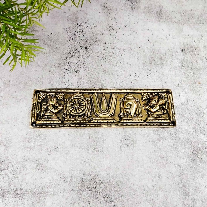 Brass Shankh Chakra Nama Hanuman wall door plate - 2.8 inch Height | Divine Brass Shankh Chakra Nama Hanuman Wall Door Plate