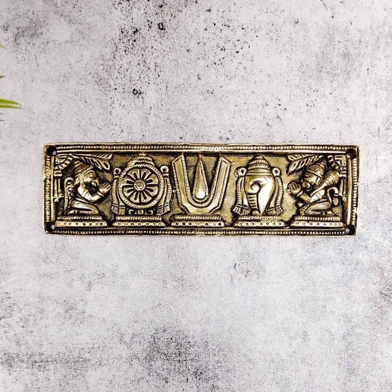 Brass Shankh Chakra Nama Hanuman wall door plate - 2.8 inch Height | Divine Brass Shankh Chakra Nama Hanuman Wall Door Plate