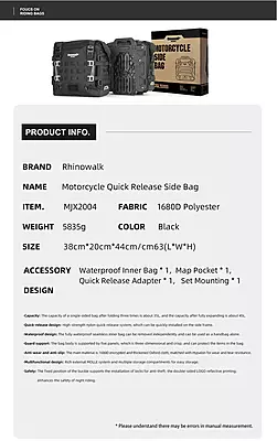 Rhinowalk Mechanic Series - 35L Motorcycle Side Bag - Quick Release Waterproof Saddlebag Rhinowalk Mechanic Series - 35L Motorcycle Side Bag - Quick Release Waterproof Saddlebag