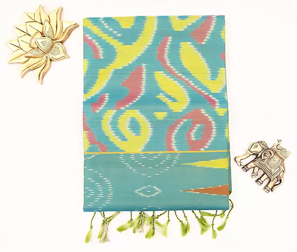 Teal Blue Ikat Silk Saree with Geometric Motifs & Contrast Pallu