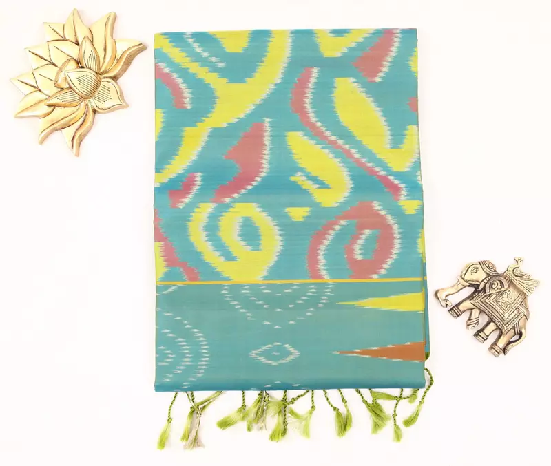 Teal Blue Ikat Silk Saree with Geometric Motifs & Contrast Pallu