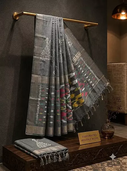 Grey Ikat Silk Saree with Doll Motifs & Handwoven Border and ikat blouse | Handloom Saree