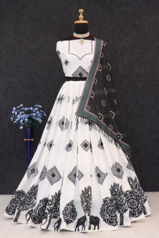 Black and white Digital Print Muslin Cotton Lehenga Choli D.37