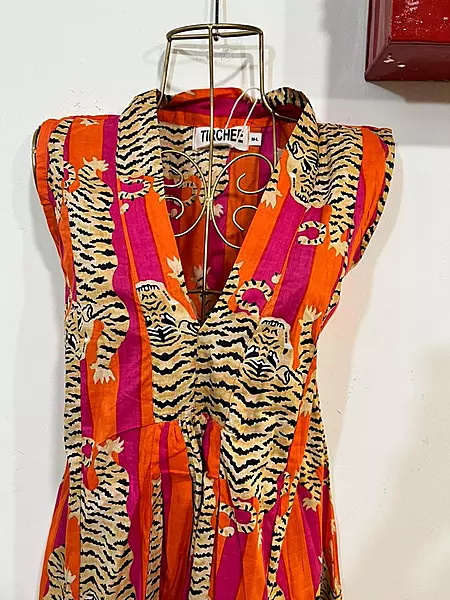 Charita's Everyday Sleeve Less Flare Dress - Orange & Pink Stripes with Tigers