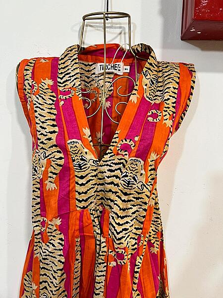 Charita's Everyday Sleeve Less Flare Dress - Orange & Pink Stripes with Tigers