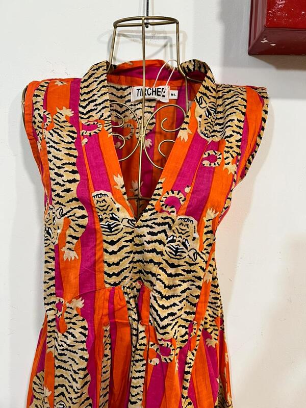 Charita's Everyday Sleeve Less Flare Dress - Orange & Pink Stripes with Tigers