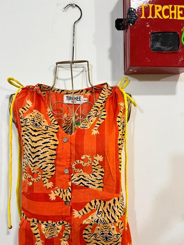 Leher's Sleeve-Less Fit & Flare Dress - Orange stripes & Tigers