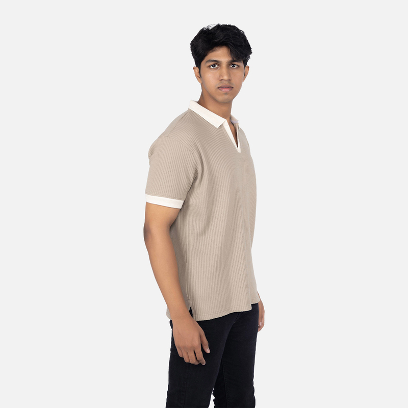 Men Light Olive Green Solid Highlighted Collar V - Neck T-shirt