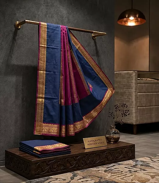 Elegant blue mysore silk saree with rich gold zari border and magenta pallu