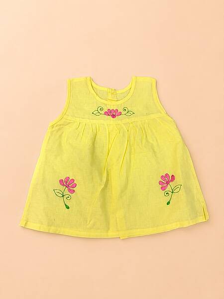 Nirai Cotton Embroidered Baby Frock - (0-6m) Yellow