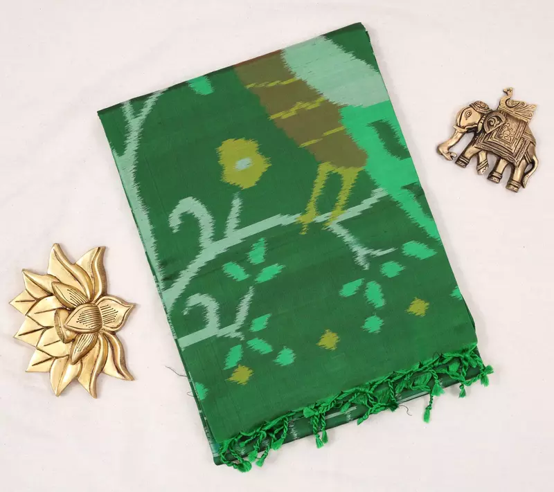 Green Ikat Silk Saree with Traditional Handwoven Motifs