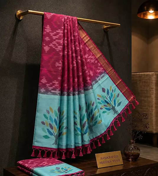 Sky Blue Ikat Silk Saree with Tree Motifs & Contrast Maroon Border & Ikat blouse| Handloom Saree