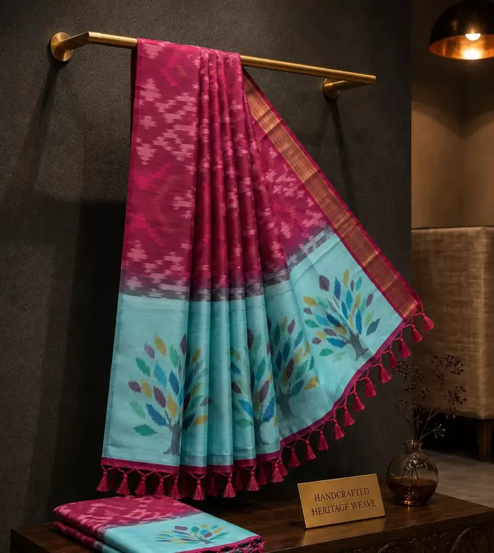 Sky Blue Ikat Silk Saree with Tree Motifs & Contrast Maroon Border & Ikat blouse| Handloom Saree