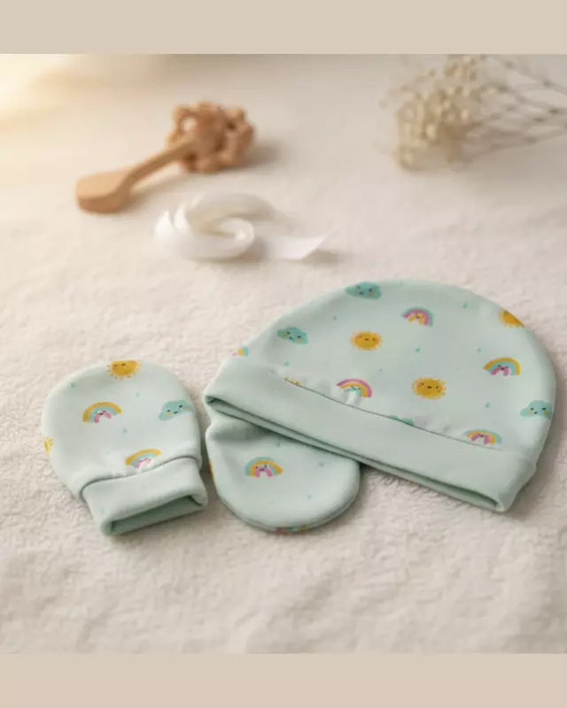 LittleToons Baby Essentials 3-Piece Set – Soft Cotton Cap, Mittens & Booties for Newborns (0–3 Months)