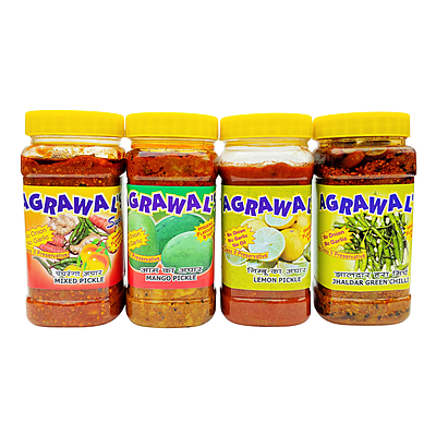AGRAWAL'S Spicy Delight Combo - Mixed, Mango, Lemon, Jhaldar Green Chilli Pickle - 1750 GMS Pack of 4